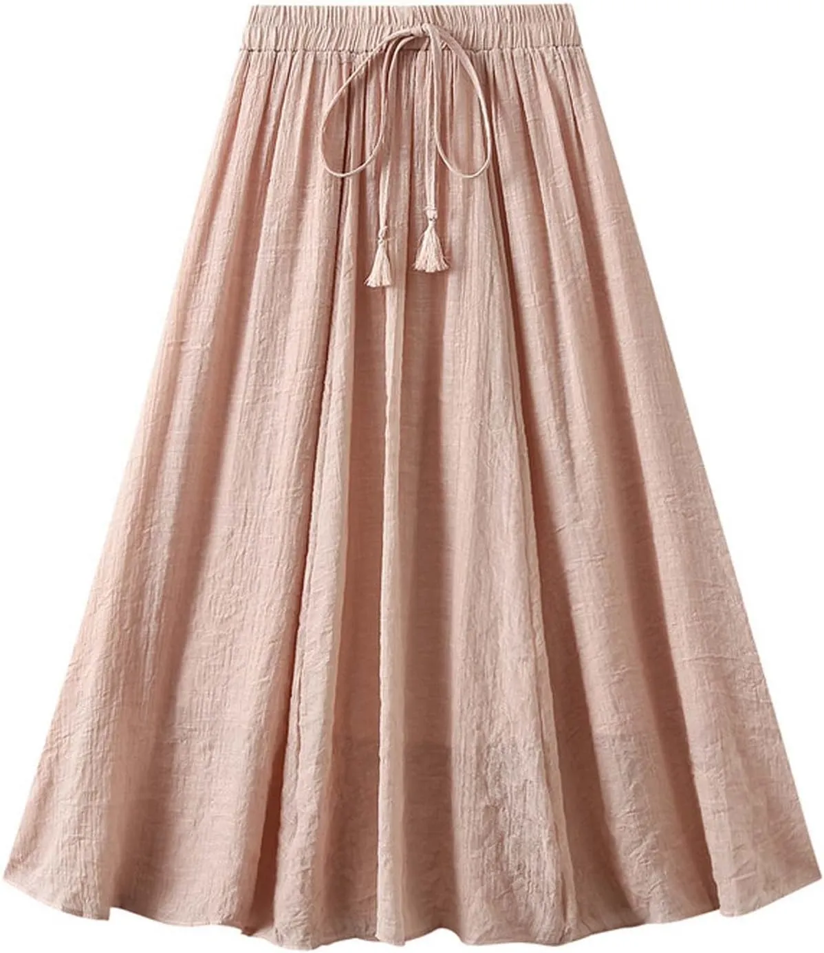 Women's Midi Linen Skirt Summer Casual Elastic Waist Drawstring Pleated Skirts A-Linen Flowy Swing Long Skirt