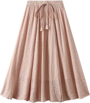 Women's Midi Linen Skirt Summer Casual Elastic Waist Drawstring Pleated Skirts A-Linen Flowy Swing Long Skirt