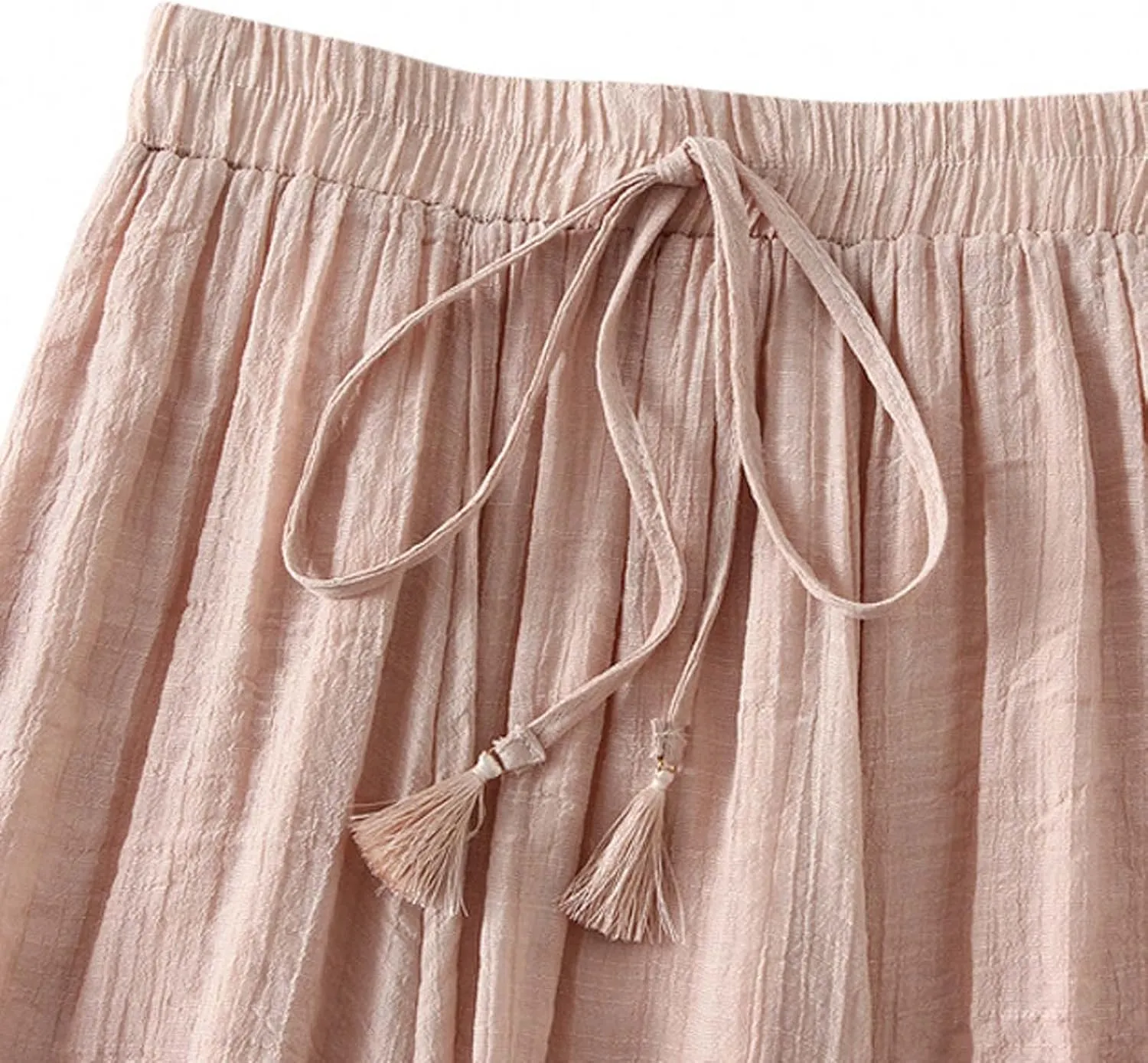 Women's Midi Linen Skirt Summer Casual Elastic Waist Drawstring Pleated Skirts A-Linen Flowy Swing Long Skirt
