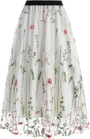 Womens Midi Skirts Embroidered Mesh Skirt Floral Lace Skirts Elastic High Waist Skirts Trendy A Line Pleated Skirts