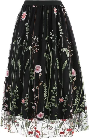 Womens Midi Skirts Embroidered Mesh Skirt Floral Lace Skirts Elastic High Waist Skirts Trendy A Line Pleated Skirts