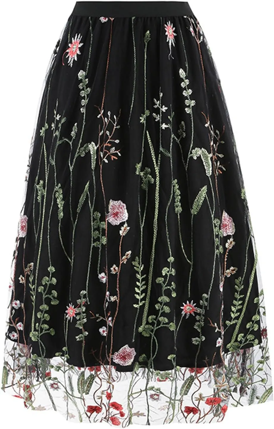 Womens Midi Skirts Embroidered Mesh Skirt Floral Lace Skirts Elastic High Waist Skirts Trendy A Line Pleated Skirts