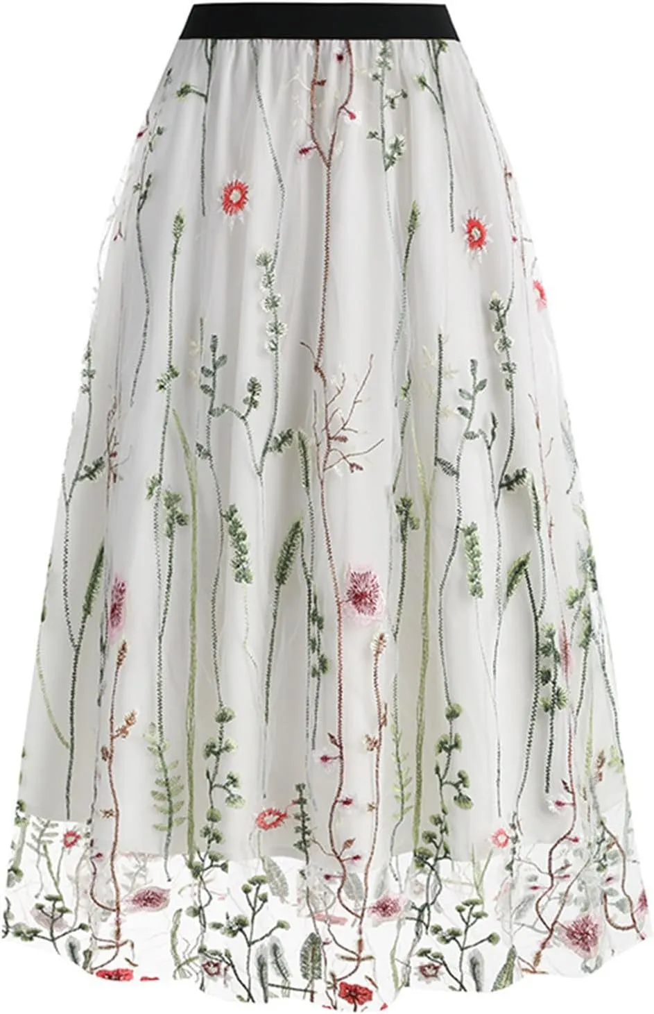 Womens Midi Skirts Embroidered Mesh Skirt Floral Lace Skirts Elastic High Waist Skirts Trendy A Line Pleated Skirts