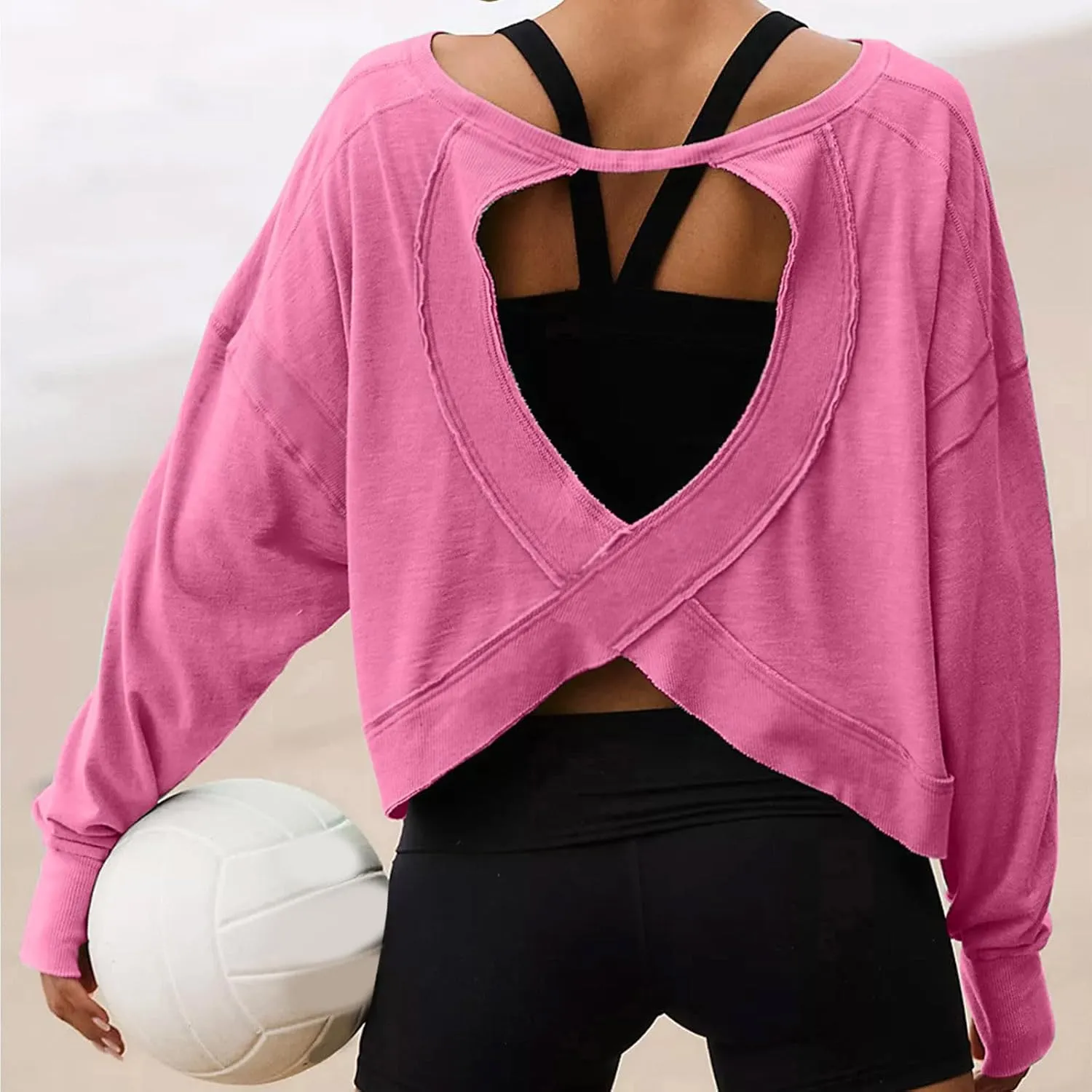 Womens Open Back Workout Tshirts Casual Solid Backless Sweatshirt Trendy Round Neck Pullover Top Loose Crop Gym Tee