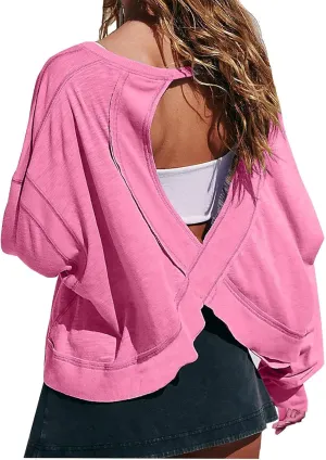 Womens Open Back Workout Tshirts Casual Solid Backless Sweatshirt Trendy Round Neck Pullover Top Loose Crop Gym Tee