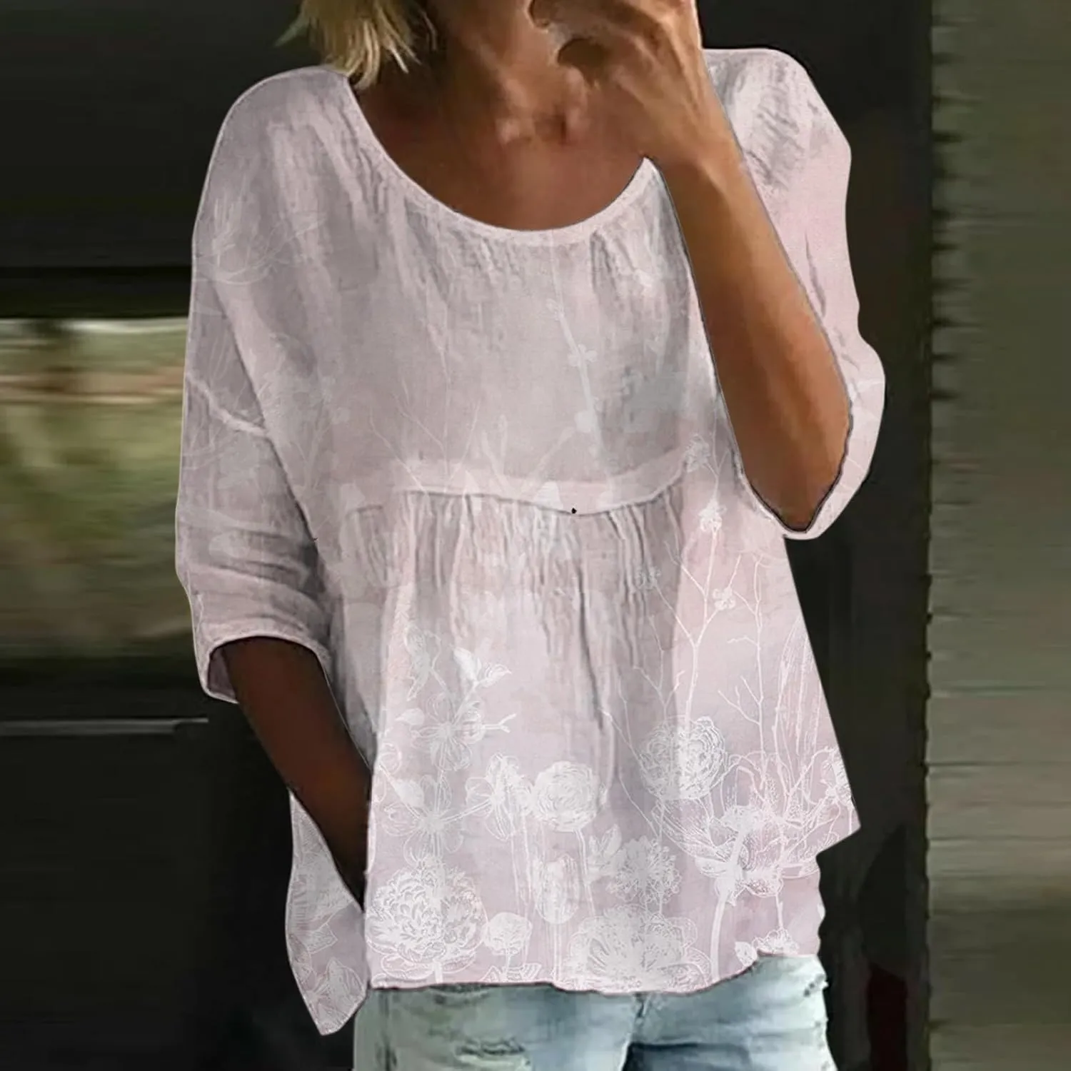 Womens Peasant Boho Tunic Tops 2025 3/4 Sleeve Floral Print Casual Loose Fit Pleated Summer Flowy Babydoll Blouses