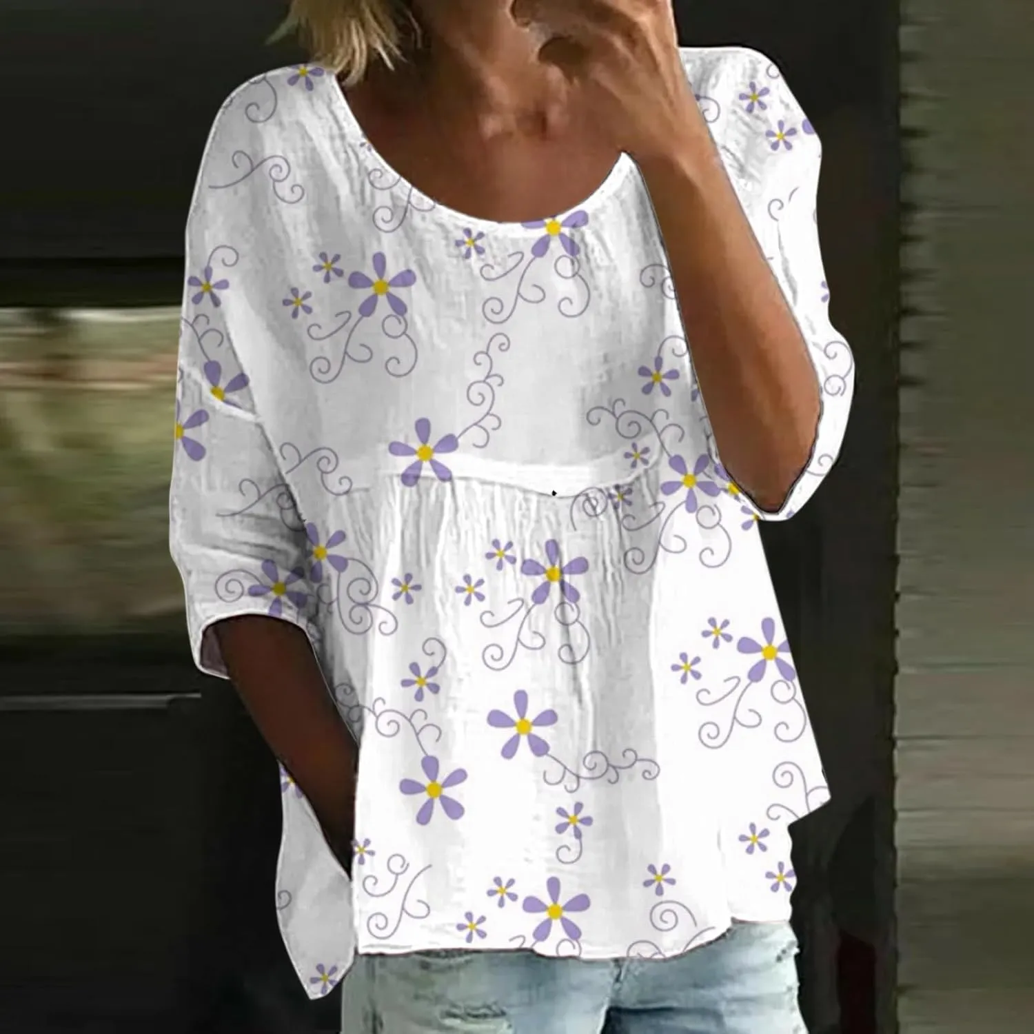Womens Peasant Boho Tunic Tops 2025 3/4 Sleeve Floral Print Casual Loose Fit Pleated Summer Flowy Babydoll Blouses