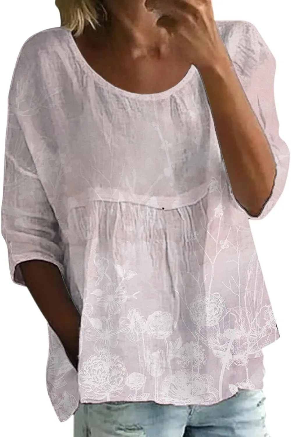 Womens Peasant Boho Tunic Tops 2025 3/4 Sleeve Floral Print Casual Loose Fit Pleated Summer Flowy Babydoll Blouses
