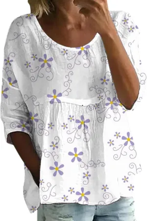 Womens Peasant Boho Tunic Tops 2025 3/4 Sleeve Floral Print Casual Loose Fit Pleated Summer Flowy Babydoll Blouses