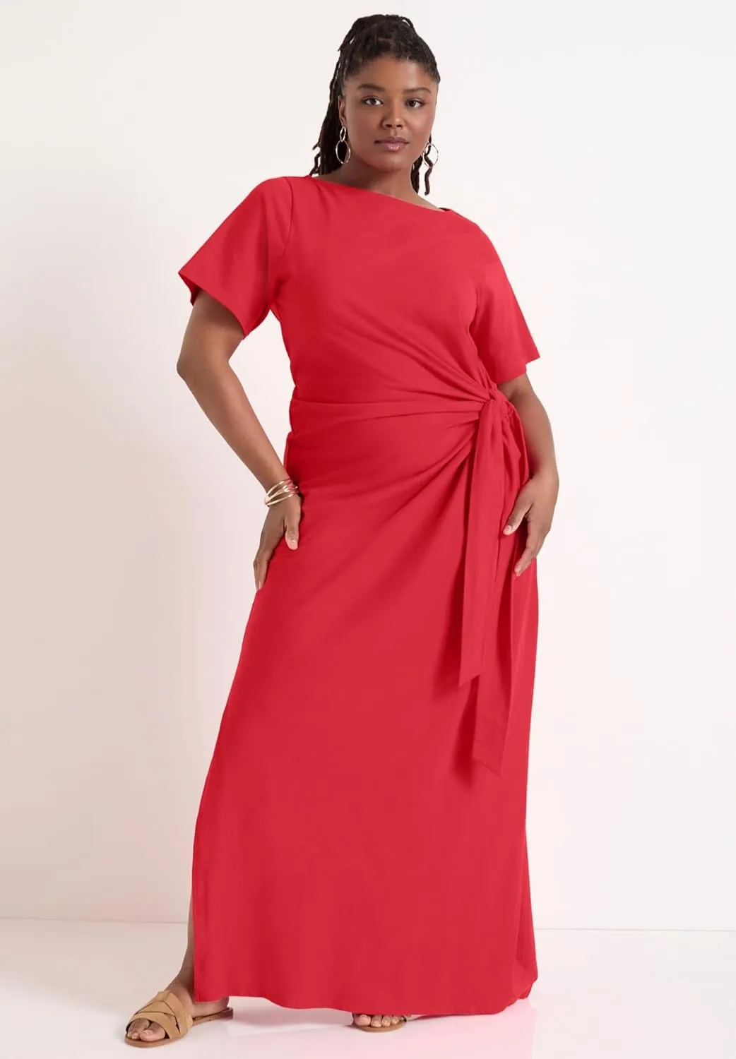 Women's Plus Size Boatneck Gathered Midi Dress