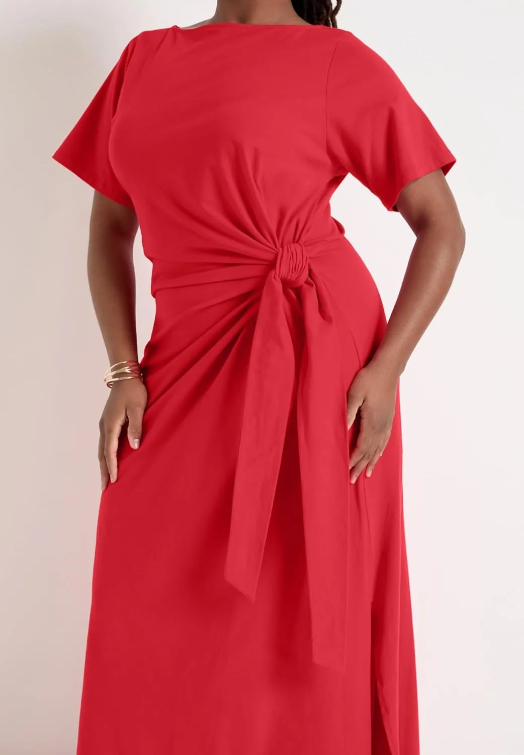 Women's Plus Size Boatneck Gathered Midi Dress