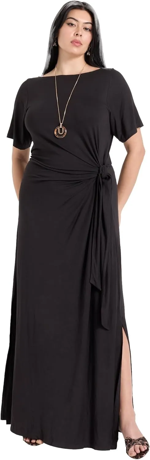 Women's Plus Size Boatneck Gathered Midi Dress