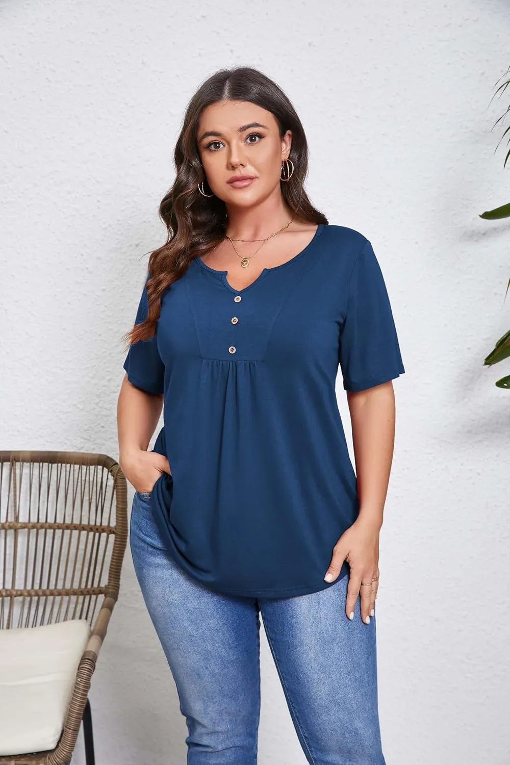 Women's Plus Size Short Sleeve Tunic Top Henley Shirt V Neck Button Down Curvy Blouse Casual Pleated Pullover
