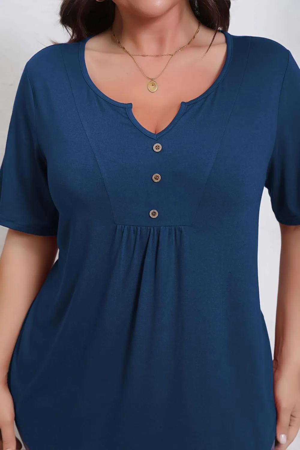 Women's Plus Size Short Sleeve Tunic Top Henley Shirt V Neck Button Down Curvy Blouse Casual Pleated Pullover