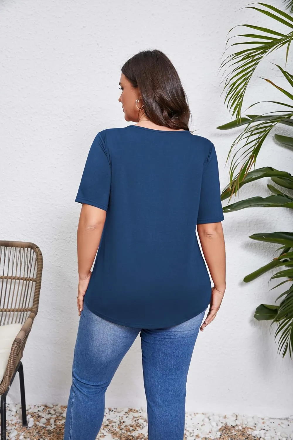 Women's Plus Size Short Sleeve Tunic Top Henley Shirt V Neck Button Down Curvy Blouse Casual Pleated Pullover