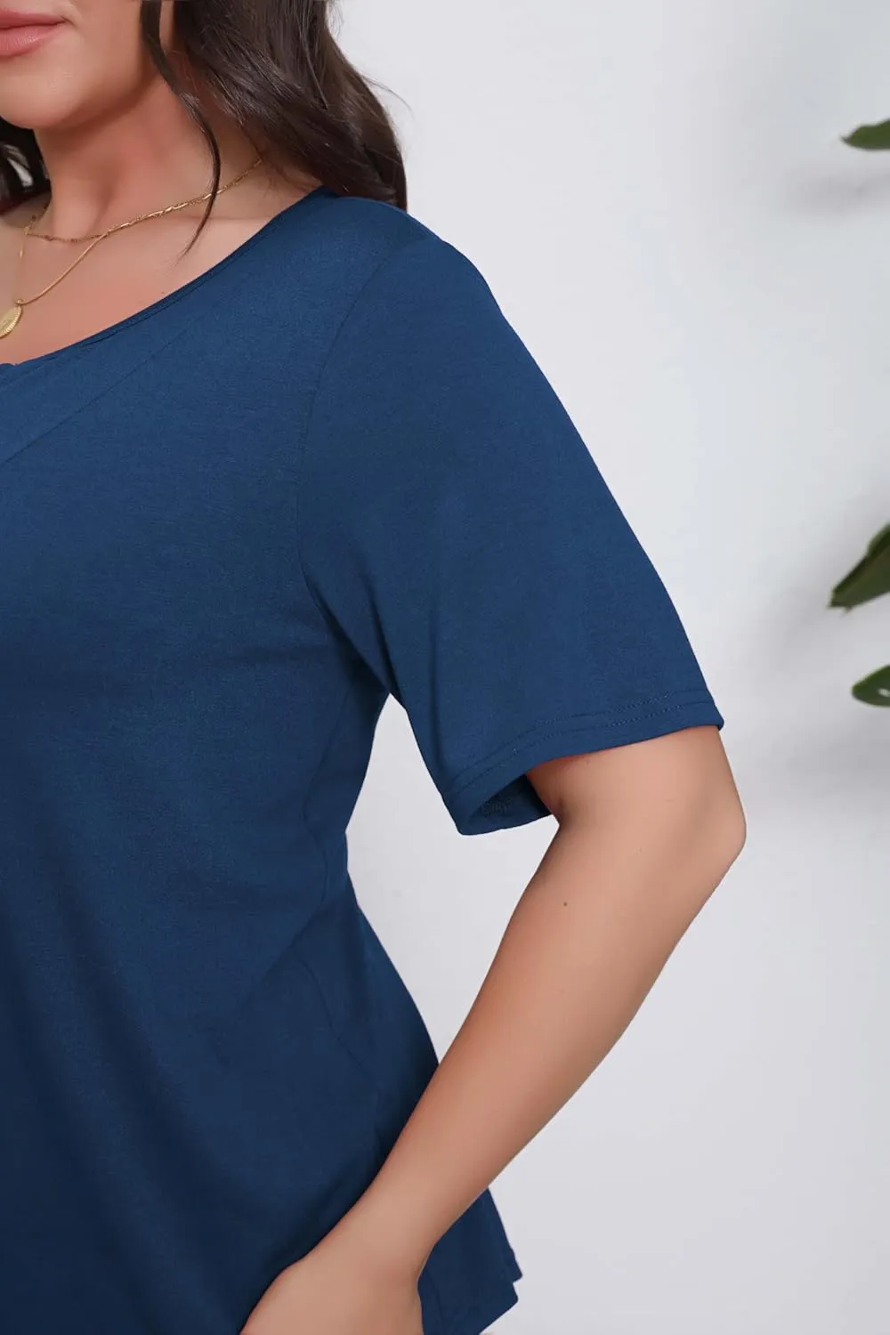 Women's Plus Size Short Sleeve Tunic Top Henley Shirt V Neck Button Down Curvy Blouse Casual Pleated Pullover