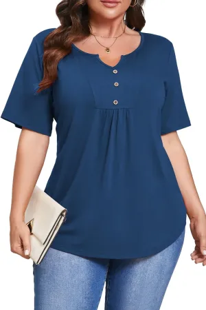 Women's Plus Size Short Sleeve Tunic Top Henley Shirt V Neck Button Down Curvy Blouse Casual Pleated Pullover
