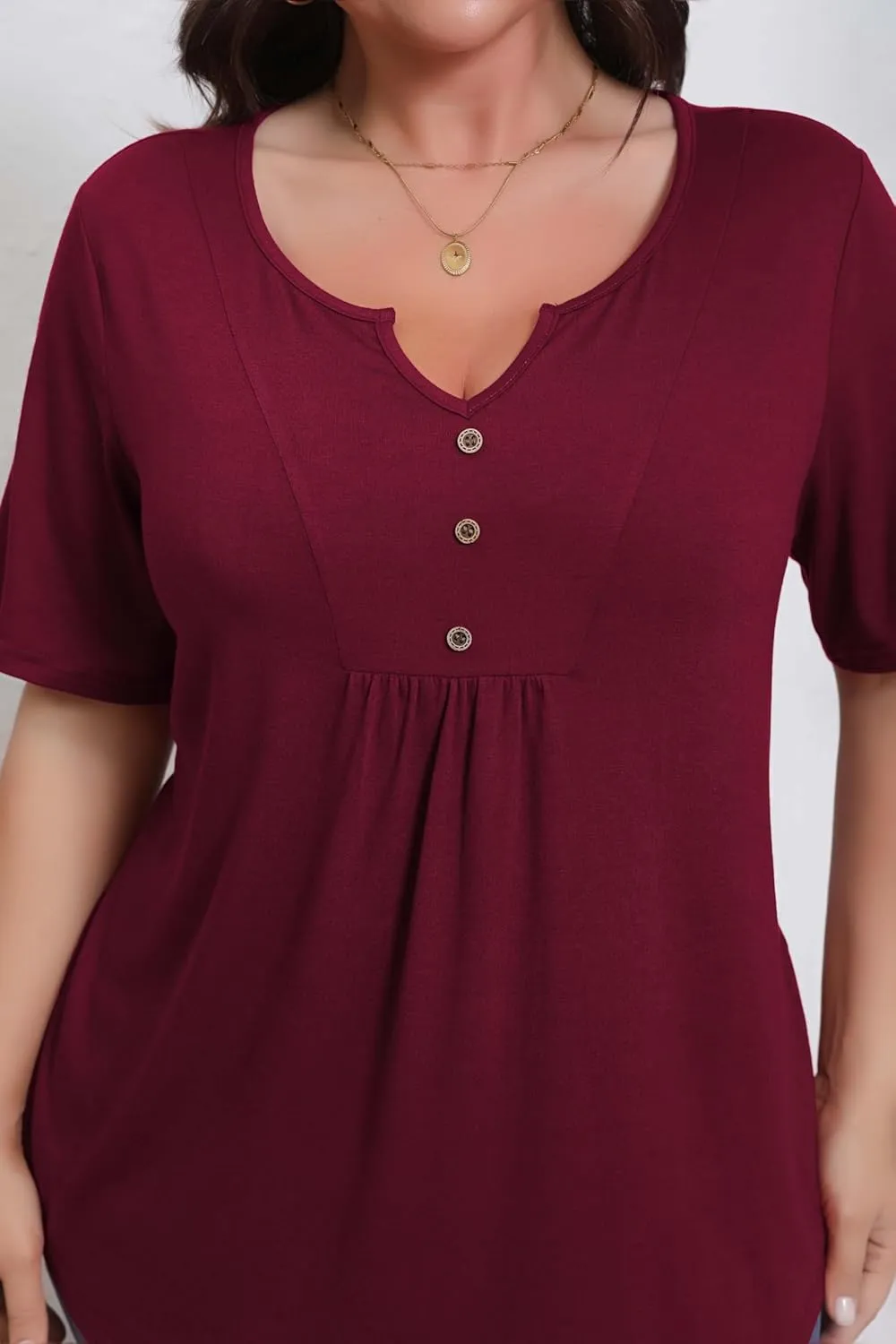Women's Plus Size Short Sleeve Tunic Top Henley Shirt V Neck Button Down Curvy Blouse Casual Pleated Pullover