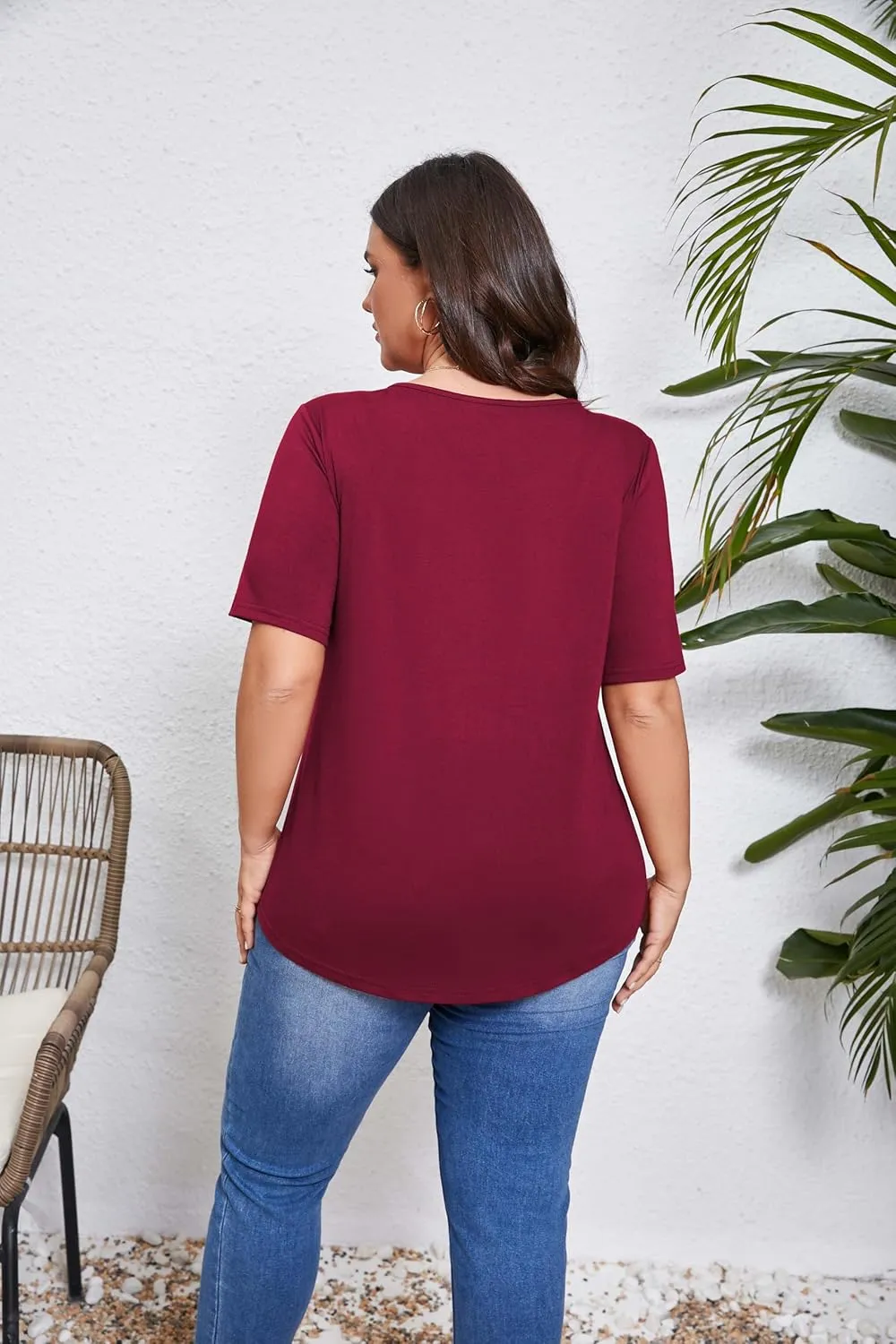 Women's Plus Size Short Sleeve Tunic Top Henley Shirt V Neck Button Down Curvy Blouse Casual Pleated Pullover