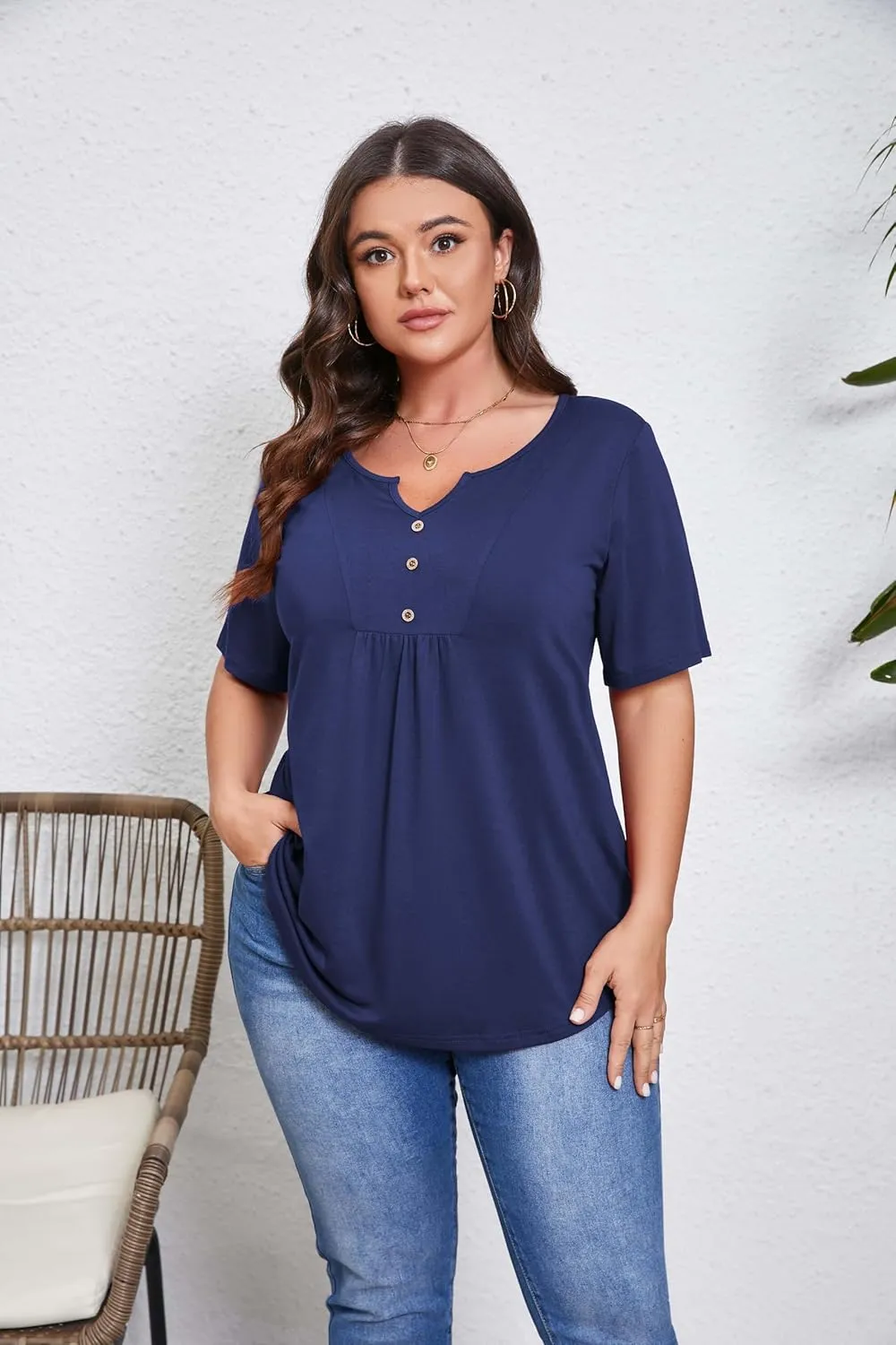 Women's Plus Size Short Sleeve Tunic Top Henley Shirt V Neck Button Down Curvy Blouse Casual Pleated Pullover