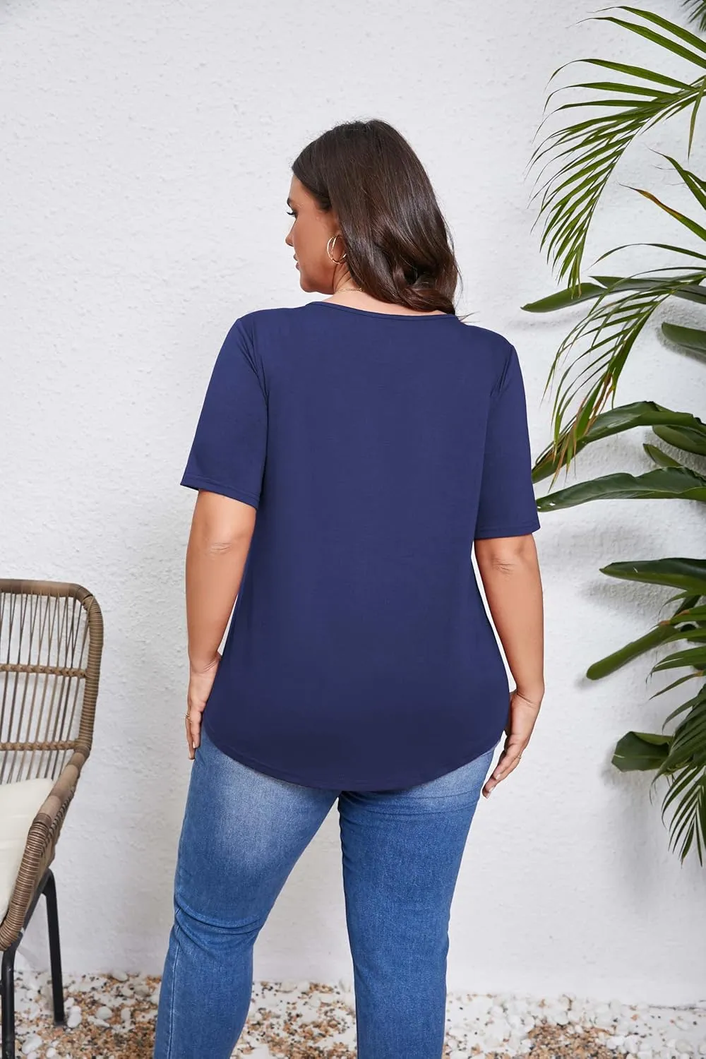 Women's Plus Size Short Sleeve Tunic Top Henley Shirt V Neck Button Down Curvy Blouse Casual Pleated Pullover