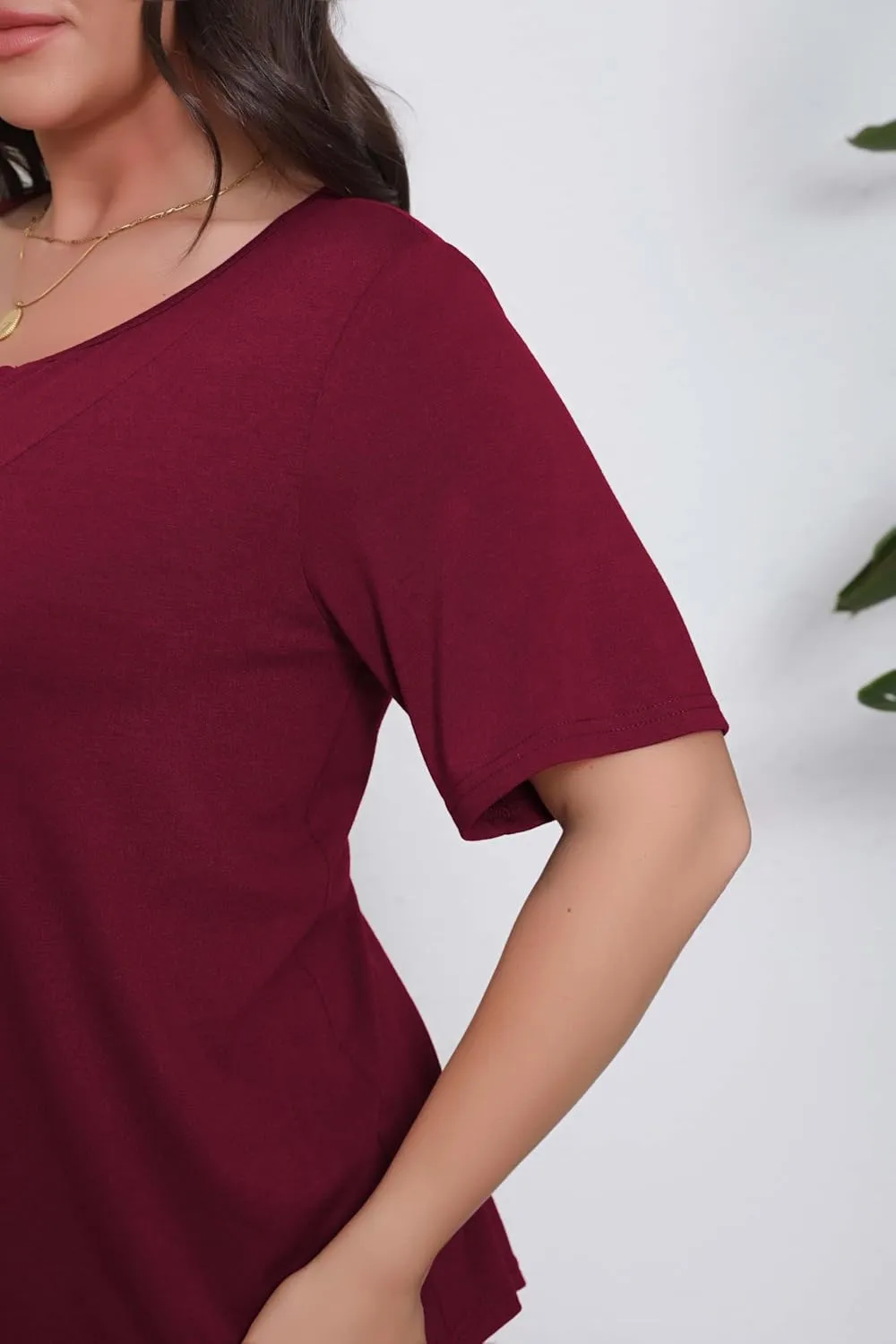 Women's Plus Size Short Sleeve Tunic Top Henley Shirt V Neck Button Down Curvy Blouse Casual Pleated Pullover