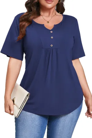 Women's Plus Size Short Sleeve Tunic Top Henley Shirt V Neck Button Down Curvy Blouse Casual Pleated Pullover