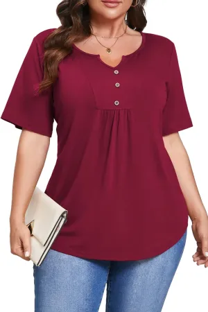 Women's Plus Size Short Sleeve Tunic Top Henley Shirt V Neck Button Down Curvy Blouse Casual Pleated Pullover
