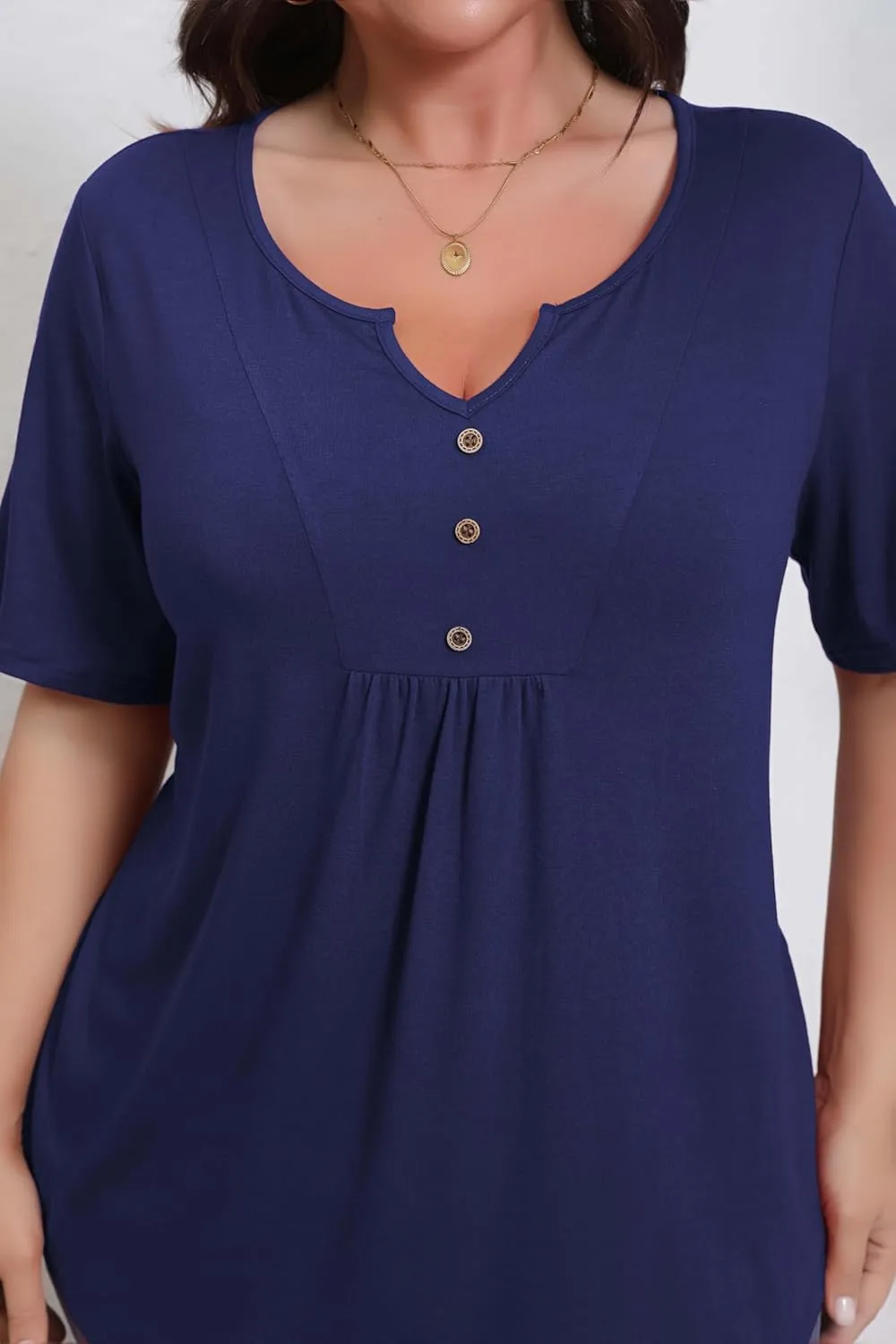 Women's Plus Size Short Sleeve Tunic Top Henley Shirt V Neck Button Down Curvy Blouse Casual Pleated Pullover