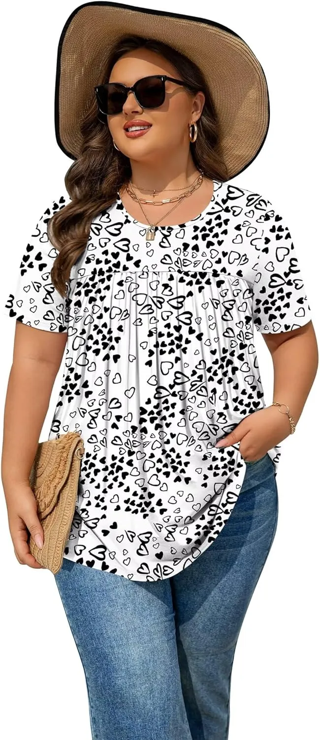 Womens Plus Size Tops Tunic Short Sleeve Round Neck Shirts Pleated Dressy Casual Soft Blouse 1X-5X