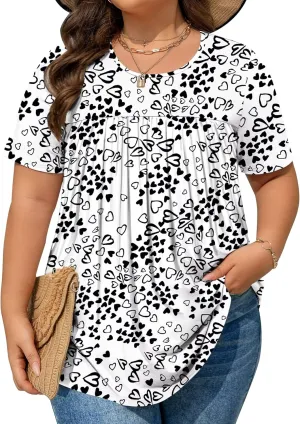 Womens Plus Size Tops Tunic Short Sleeve Round Neck Shirts Pleated Dressy Casual Soft Blouse 1X-5X