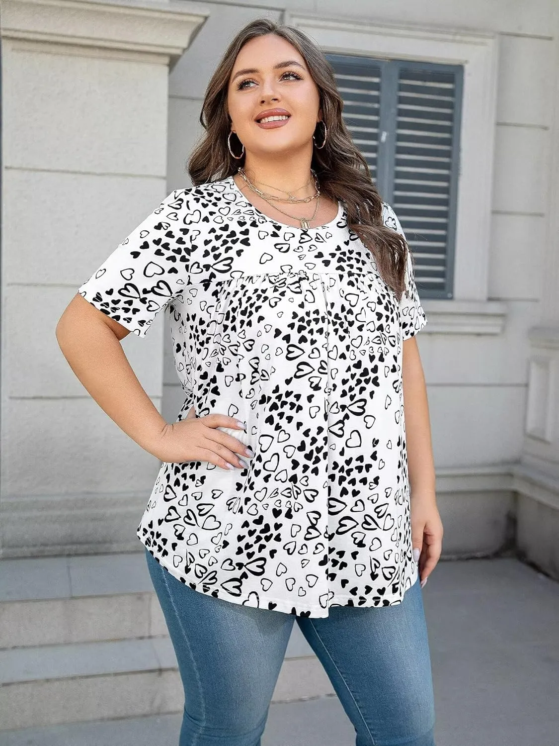 Womens Plus Size Tops Tunic Short Sleeve Round Neck Shirts Pleated Dressy Casual Soft Blouse 1X-5X