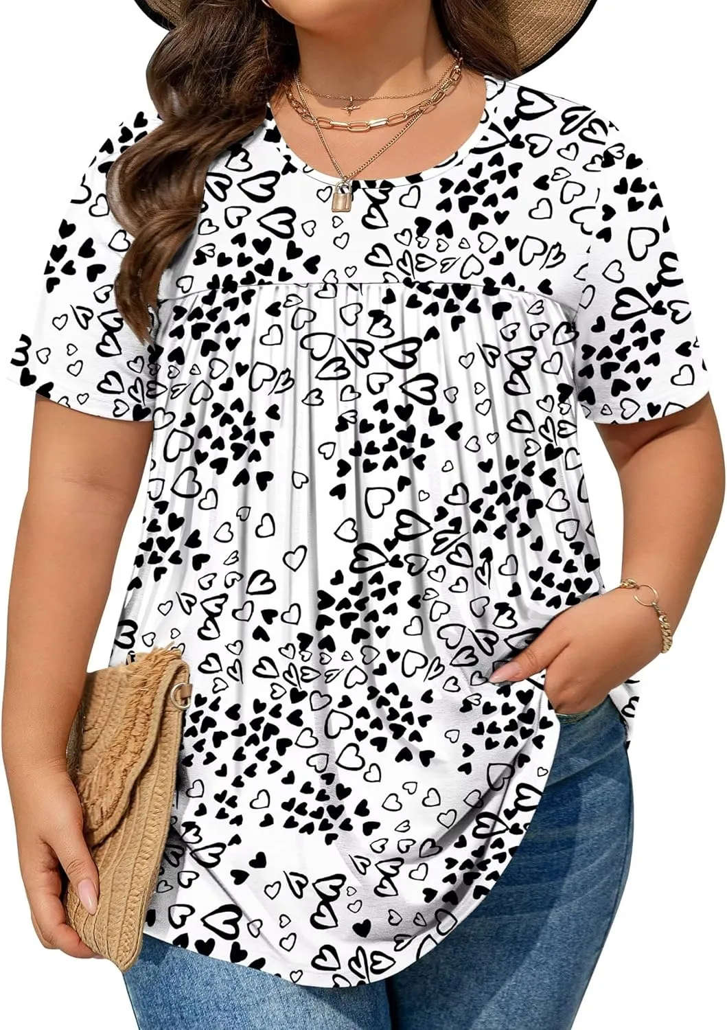 Womens Plus Size Tops Tunic Short Sleeve Round Neck Shirts Pleated Dressy Casual Soft Blouse 1X-5X