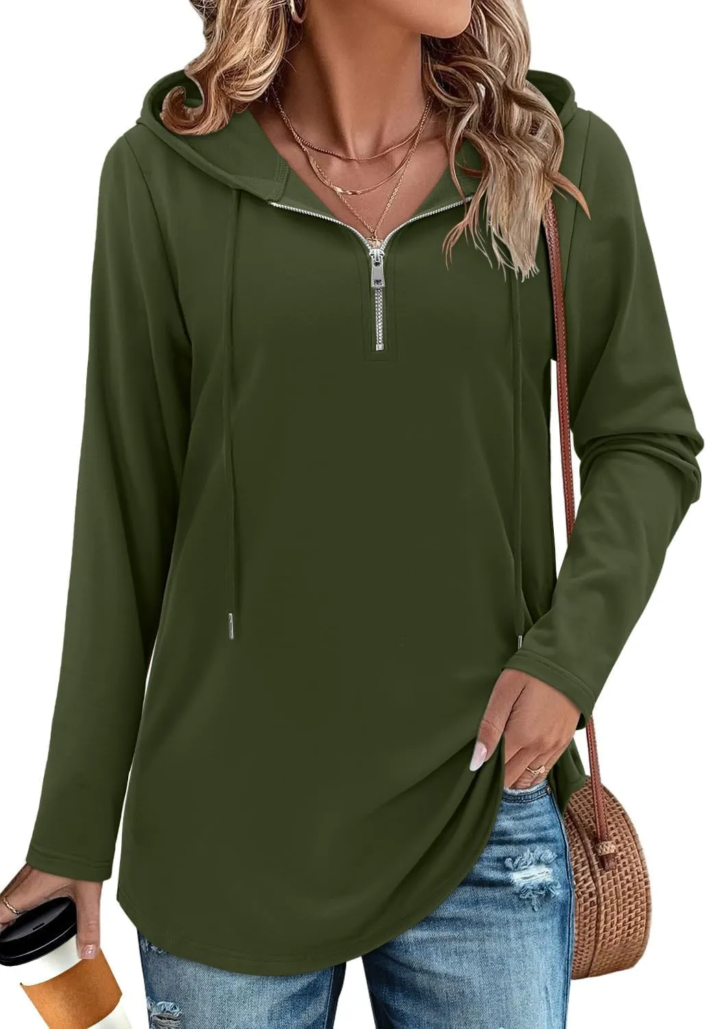 Women's Quarter Zip Tunic Hoodies Pullover Long Hooded Sweatshirts Long Sleeve Tops