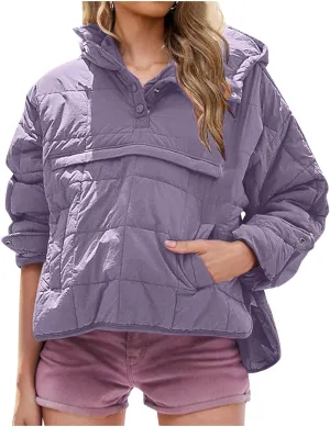 Womens Quilted Puffer Jacket Long Sleeve Winter Hooded Coat Lightweight Casual V Neck High-Low Hem Warm Jackets