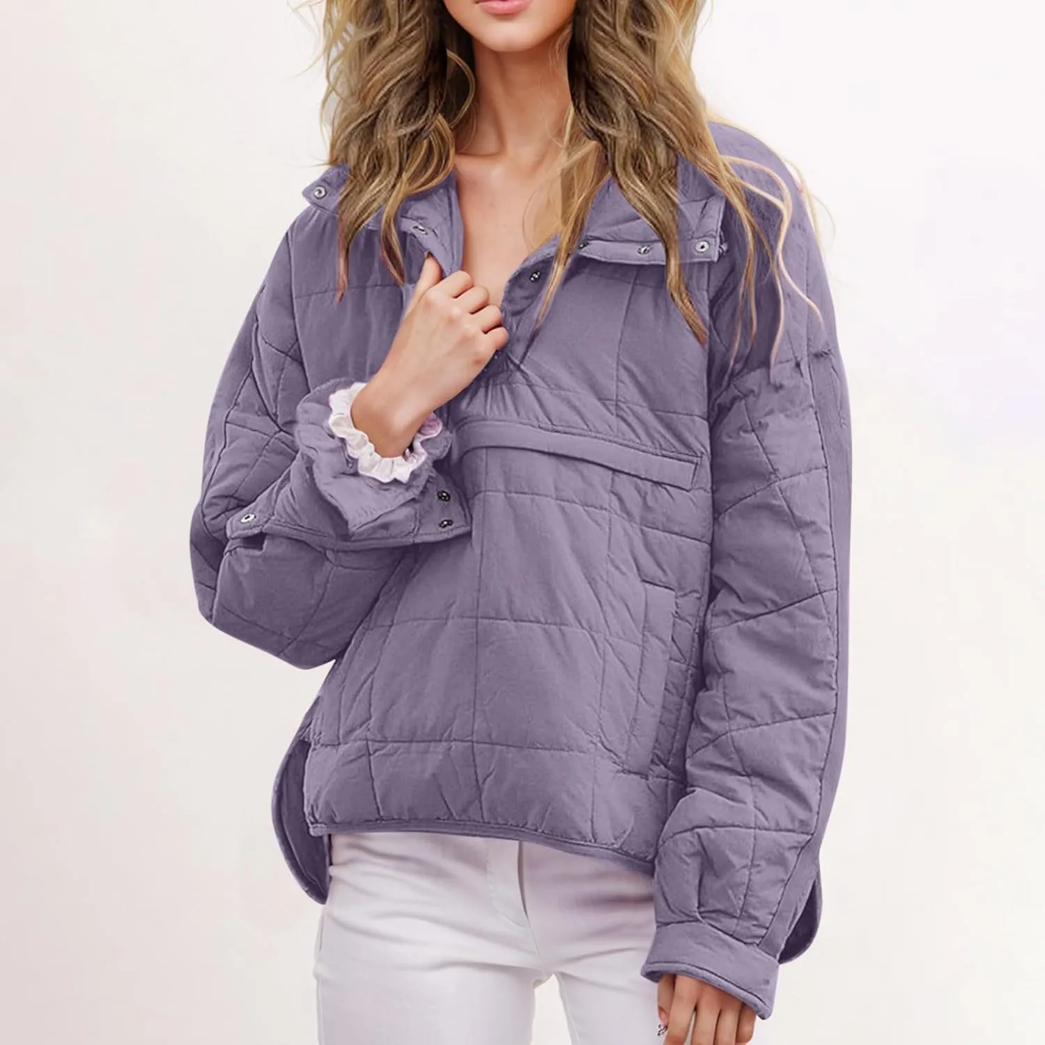 Womens Quilted Puffer Jacket Long Sleeve Winter Hooded Coat Lightweight Casual V Neck High-Low Hem Warm Jackets