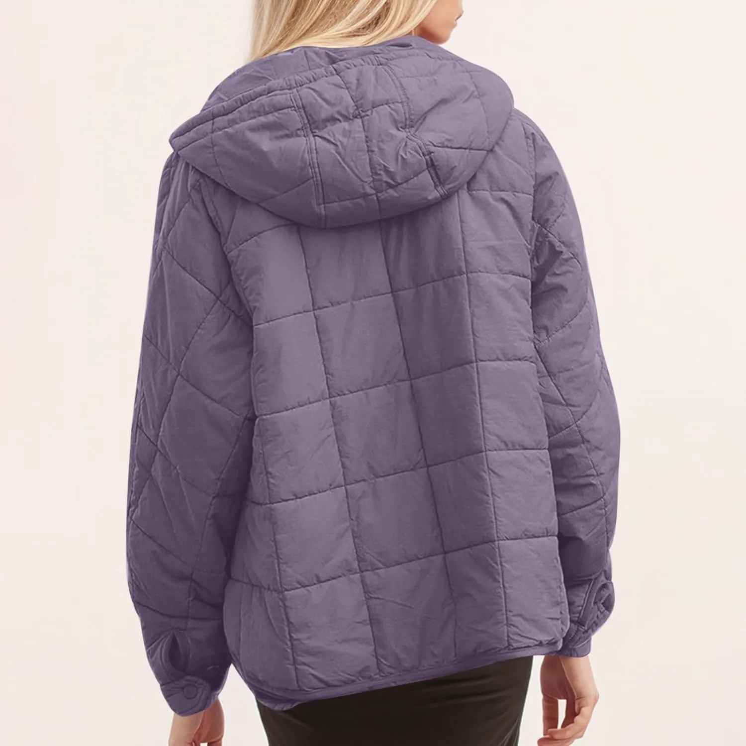 Womens Quilted Puffer Jacket Long Sleeve Winter Hooded Coat Lightweight Casual V Neck High-Low Hem Warm Jackets