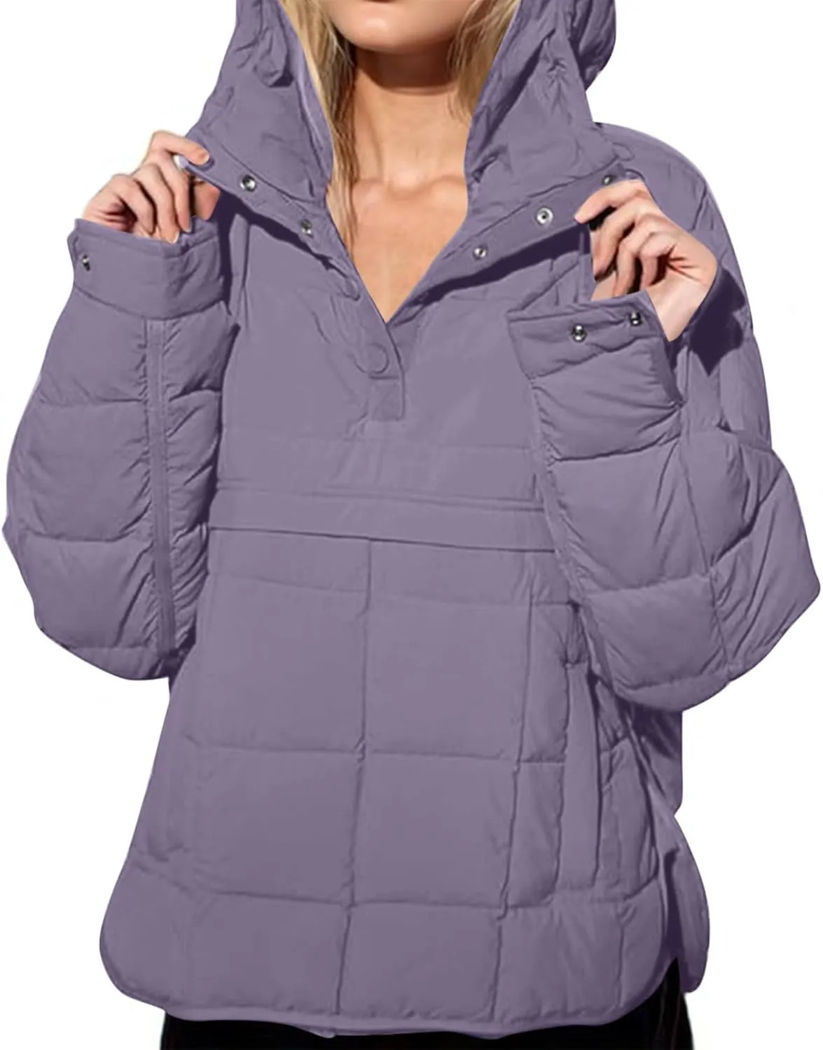 Womens Quilted Puffer Jacket Long Sleeve Winter Hooded Coat Lightweight Casual V Neck High-Low Hem Warm Jackets