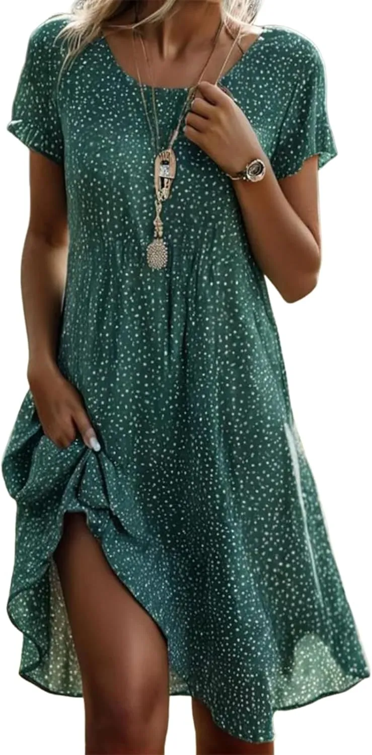 Women's Retro Red Paisley Print Midi Dress 2025 Spring Summer Outfits Casual Short Sleeve Crew Neck A Line Dresses