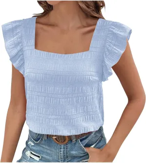 Womens Ruffle Cap Sleeve Tops Petite Crop Square Neck Blouses Dressy Casual Summer Daily T Shirts Going Out Tunic