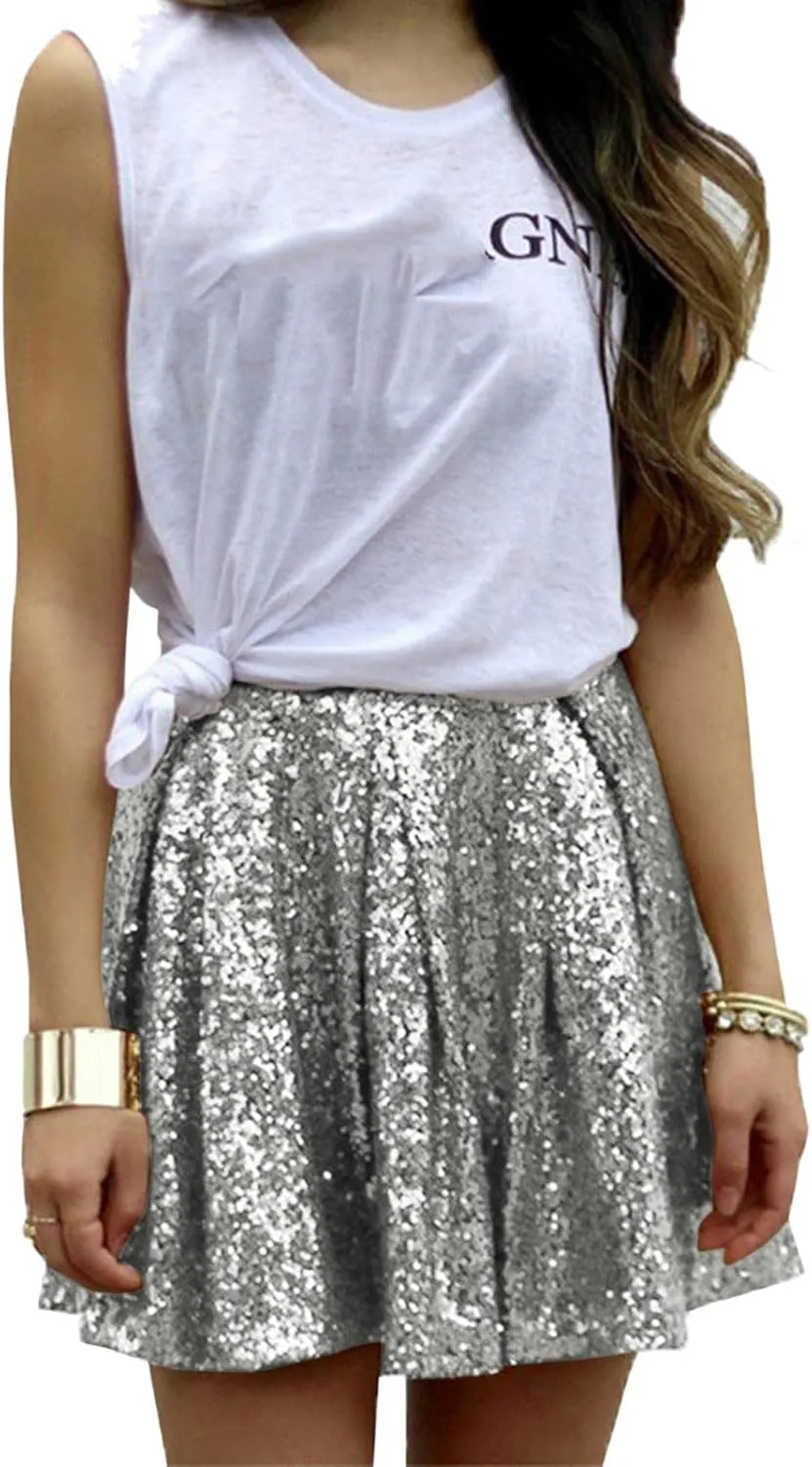 Womens Sequin Skirts Fashion High Waisted Pleated Skirts Holiday Party Sparkly Glitter Skirts 2025 Summer Trendy Skirts