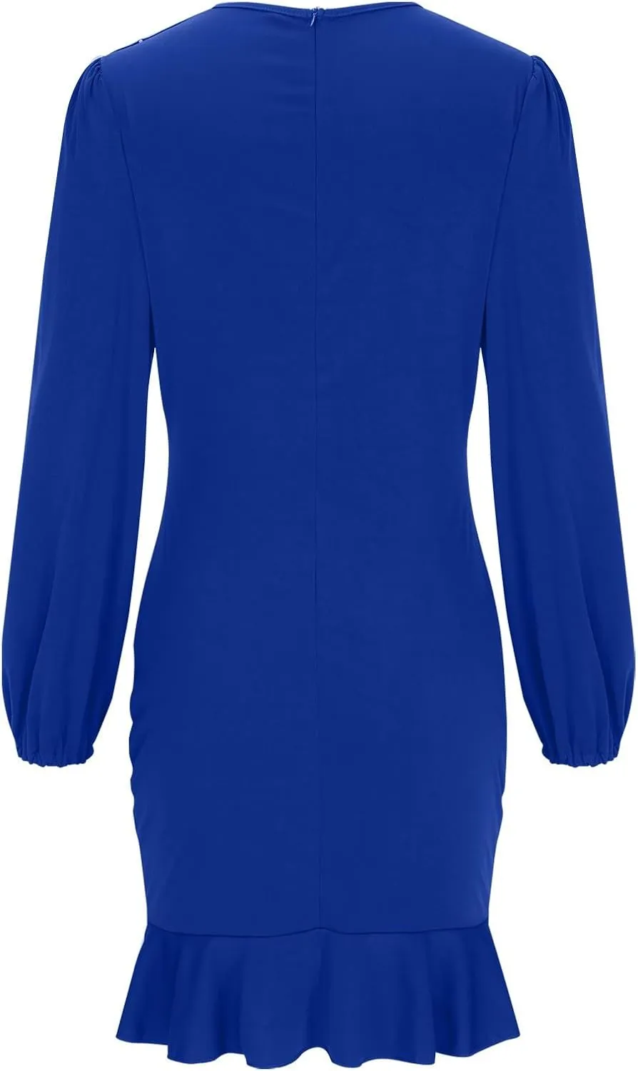 Womens Sexy Fall Short Dresses Puff Long Sleeve Ruffle Hem mini Dresses Casual Cozy Slim fit wrap Bodycon Dresses