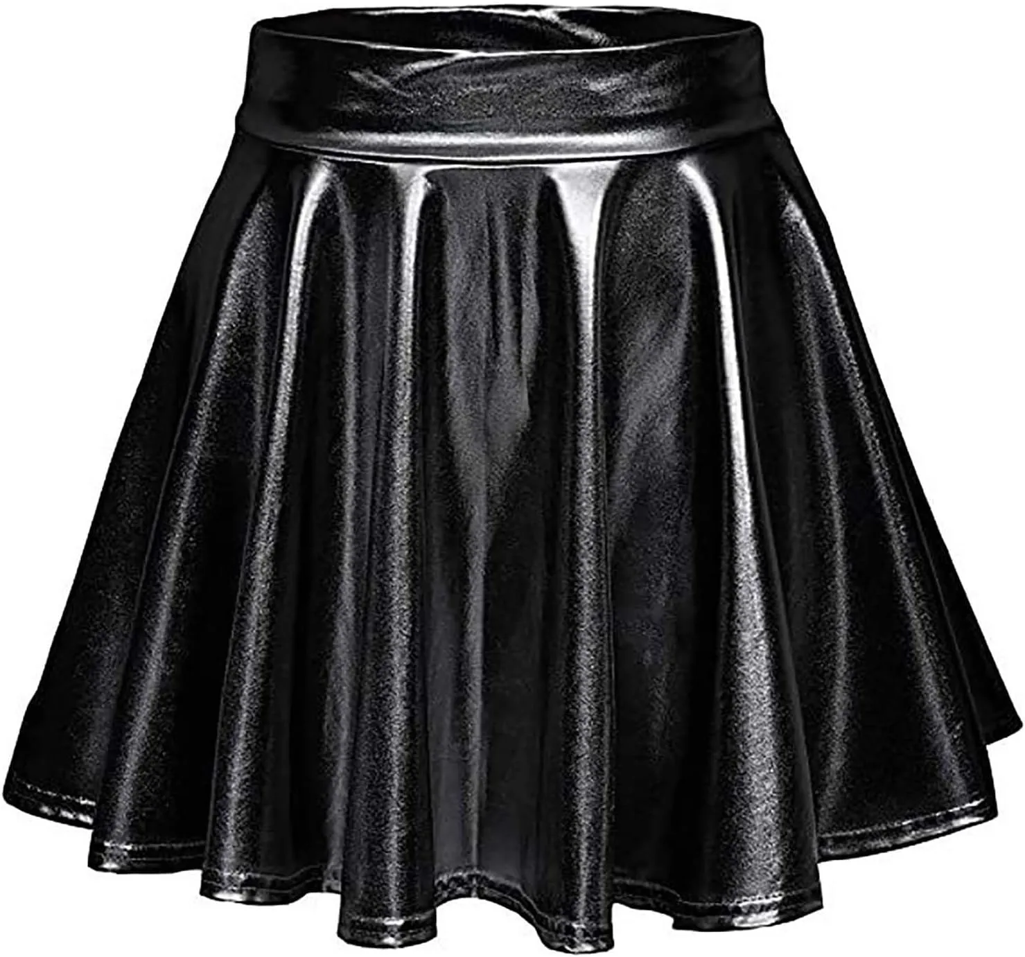 Womens Shiny Flared Pleated Short Mini Skater Skirt High Waisted A-Line Dance Skirt for Nightclub Costumes Clubwear