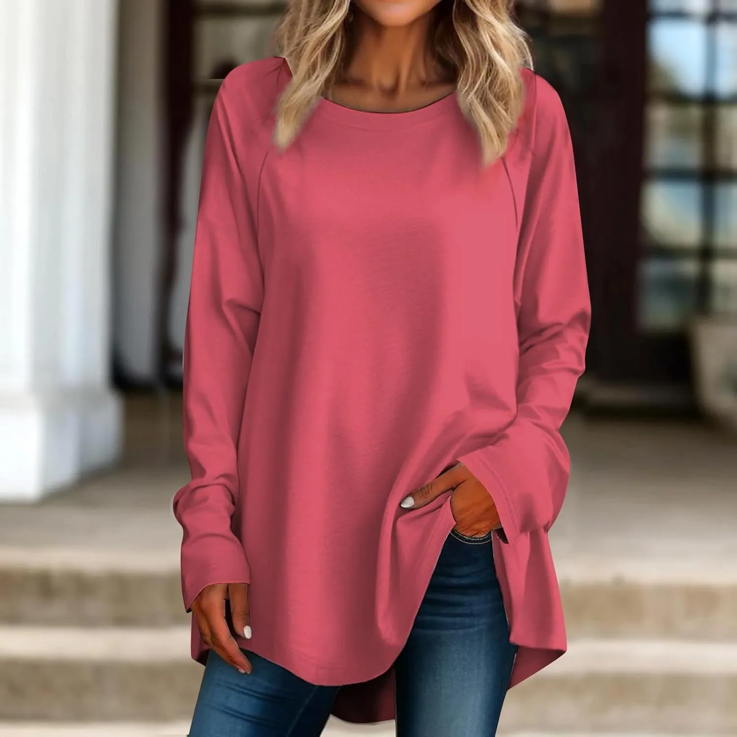 Womens Shirts Long Sleeve Round Neck Tops Trendy Oversized Blouse Casual Cute Tunic Printed Loose Fit Clothing