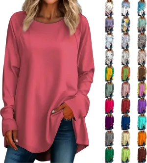 Womens Shirts Long Sleeve Round Neck Tops Trendy Oversized Blouse Casual Cute Tunic Printed Loose Fit Clothing