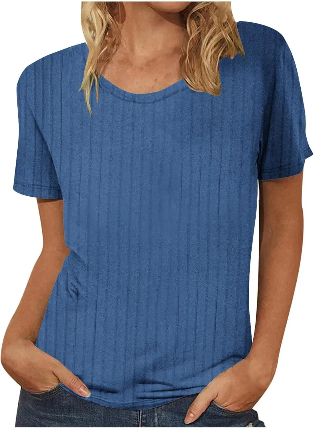 Womens Shirts Textured Short Sleeve Crewneck Casual Lounge Tops Dressy Ribbed Knit Pullover Blouse Shirts Summer Tees