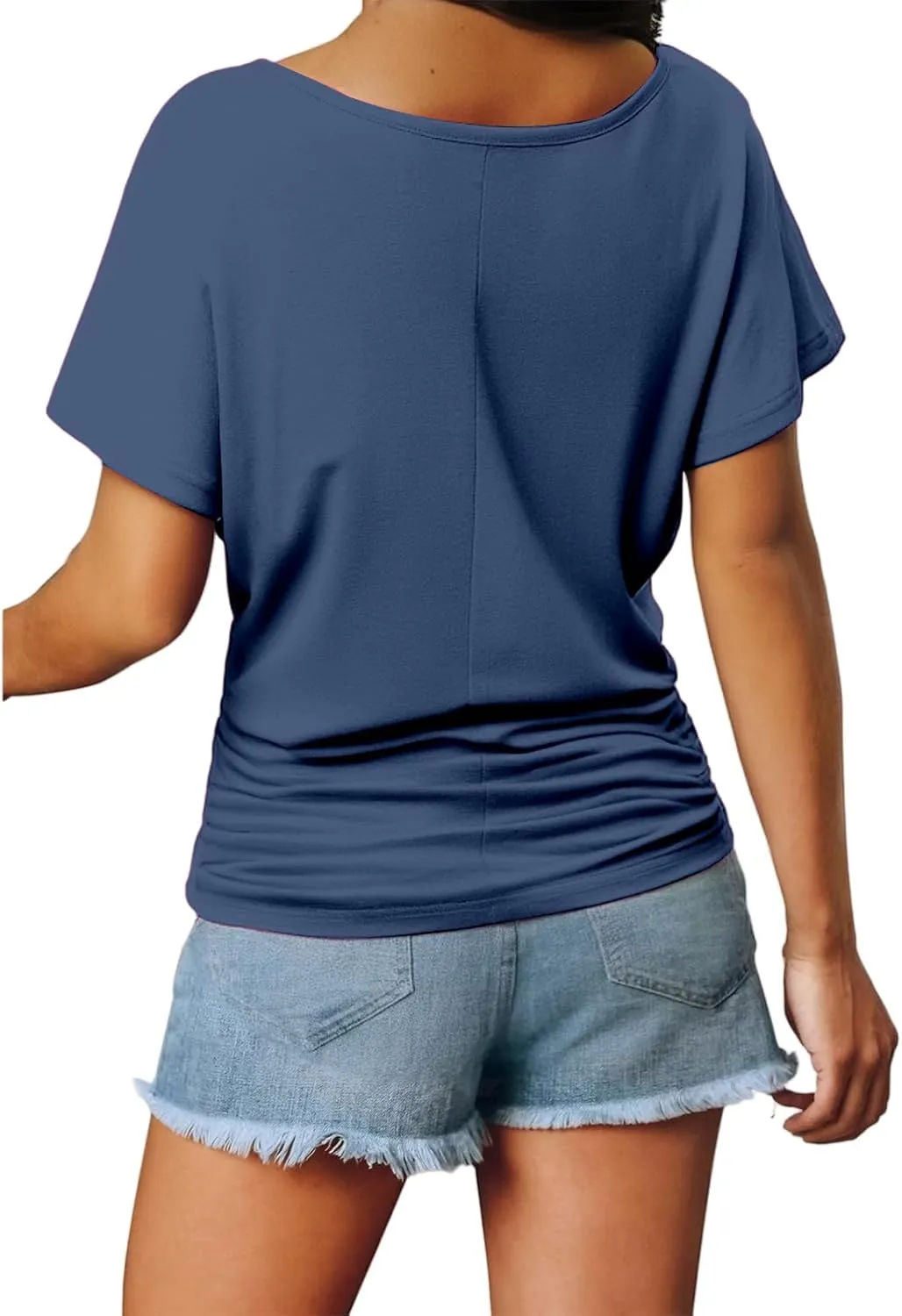Womens Short Sleeve V Neck Dolman Tops Loose Fit Blouse Shirts Summer Business Tunic T Shirts with Side Shirring
