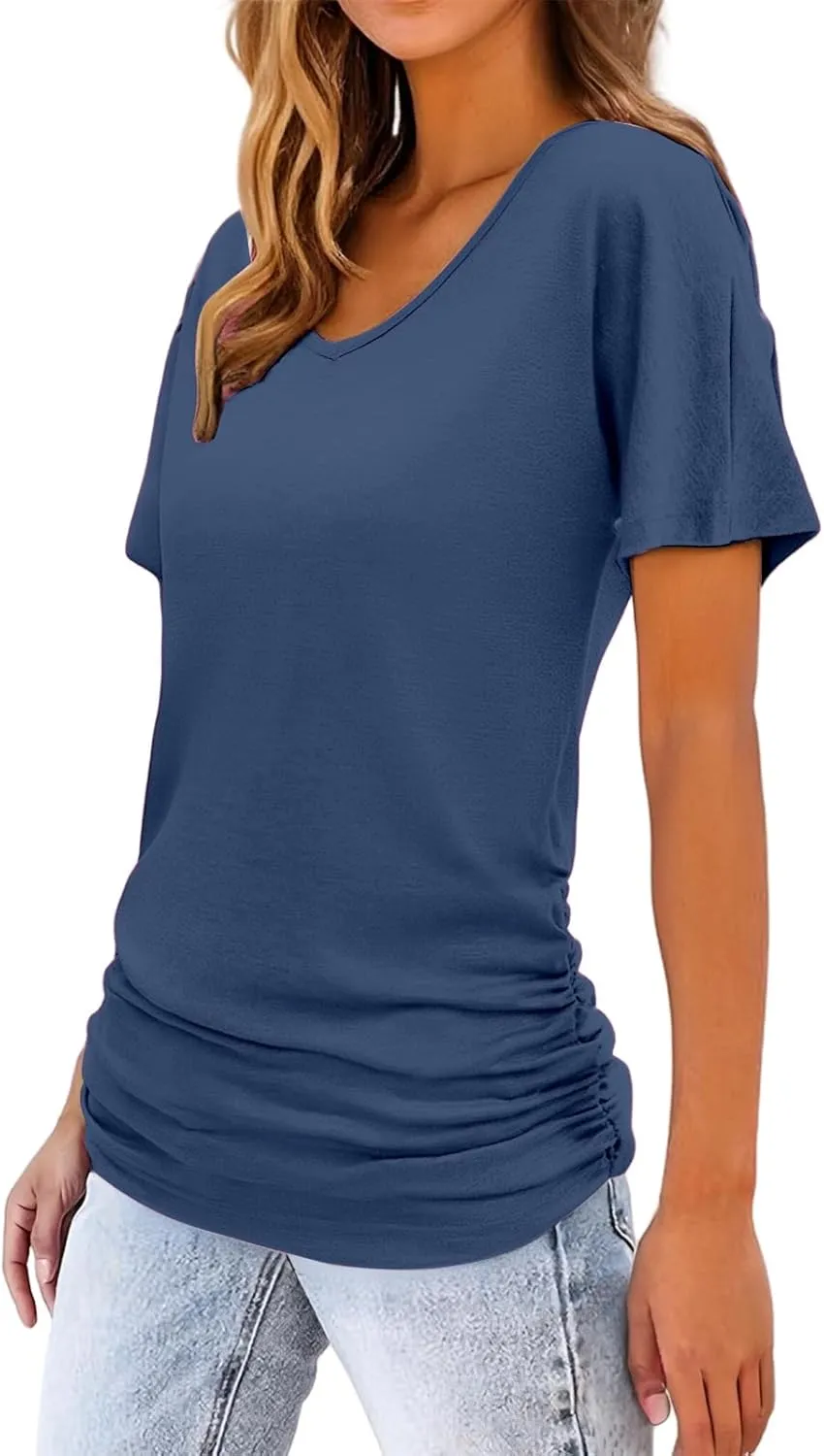 Womens Short Sleeve V Neck Dolman Tops Loose Fit Blouse Shirts Summer Business Tunic T Shirts with Side Shirring