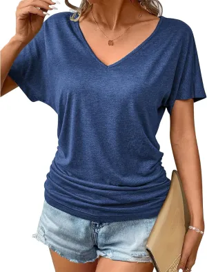 Womens Short Sleeve V Neck Dolman Tops Loose Fit Blouse Shirts Summer Business Tunic T Shirts with Side Shirring