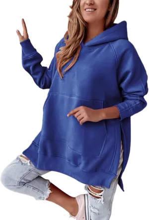 Women's Side Split Oversized Hoodies Sweatshirts Raglan Loose Fit Casual Solid Long Sleeve Pullover Tops with Kangroo Pocket